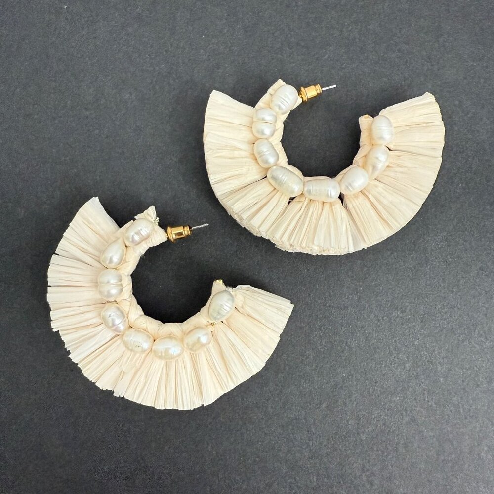 Anthropologie Raffia & Freshwater Pearl Statement Hoop Earrings Boho